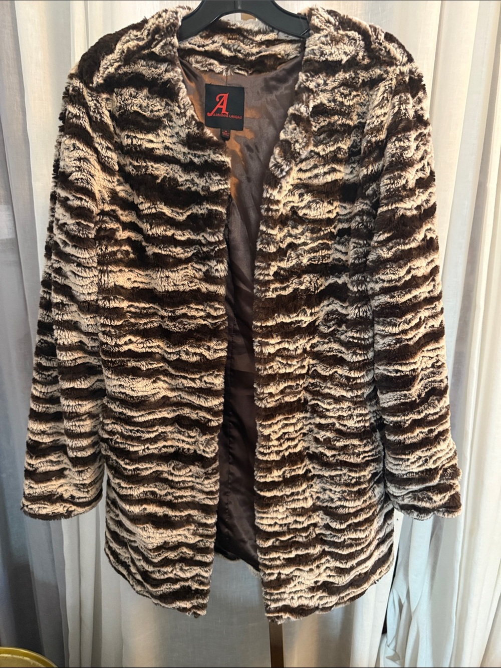 Adrienne Landau Brown & Cream Striped Teddy Faux Fur Coat